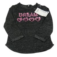 Nové - černé melírované úpletové mikinotriko s nápismi a srdíčky z překlápěcích flitrů Kiki&Koko