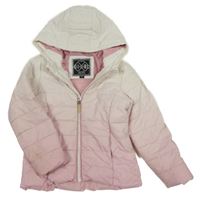 Bílo-světlerůžová žebrovaná šusťáková přechodová bunda s nášivkou a kapucí C&A