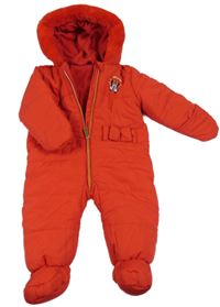 Červená prošívaná šusťáková zimní kombinéza s Minnie a mašlemi a kapucí s kožešinou George