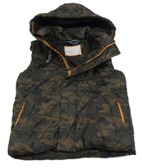 Tmavohnědo-černá army prošívaná šusťákovo/manšestrová zateplená vesta s kapucí NUTMEG