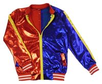 Červeno-safírový metalický saténový bomber s pruhmi a nápismi