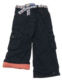 Nové - tmavomodré cargo plátenné podšité nohavice s opaskom lupilu