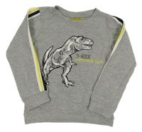 Sivá melírovaná mikina s dinosaurem - T-Rex a pruhmi POCOPIANO