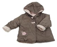 Hnědá šusťáková jarní zateplená bunda s kytičkami a mašličkami a kapucí St. Bernard