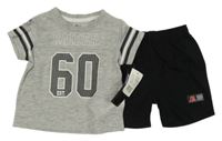 Nové - 2Set - Sivo-čierne melírované tričko s číslom a nápisom a pruhy + čierne kraťasy