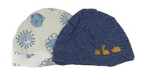 2x - Čepice - Bílá žebrovaná se zvířátky, tmavomodrá melírovaná s dinosaury Mothercare