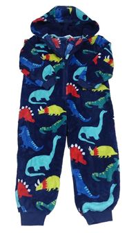 Tmavomodrá chlpatá kombinéza s dinosaurami a kapucňou M&S