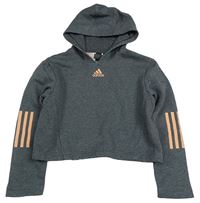 Tmavošedá melírovaná crop mikina s logem a kapucí Adidas