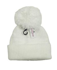 Nové - Bílá žebrovaná čepice s bambulí