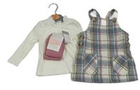 Nové - 3set - Modro-bílo-starorůžové kostkované vlněné laclové šaty + smetanové žebrované triko se stojáčkem + starorůžové punčocháče Primark