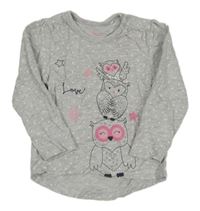 Sivé melírované bodkovaná é tričko so sovami Topomini