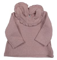 Starorůžové třpytivé žebrované úpletové triko s límečkem