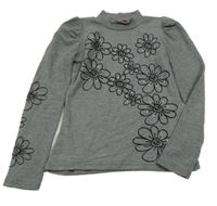 Šedé melírované triko s květinami s kamínky a stojáčkem