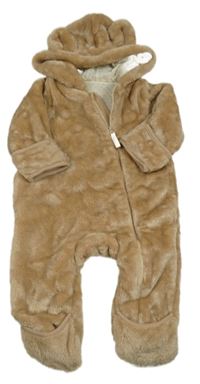 Hnědá kožešinová zateplená kombinéza s kapucí 