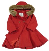 Červený flaušový kabát s kapucňou s kožešinou F&F