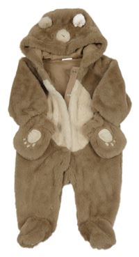 Hnedá kožušinová podšitá kombinéza s kapucí + rukavice Next