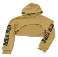 Béžová crop mikina s nápisem na rukávech a kapucňou