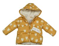 Nové - hořčicová zimní bunda se srdíčky a kapucí F&F
