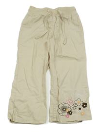 Smetanové plátěné kalhoty s výšivkami květů a úpletovým pasem H&M