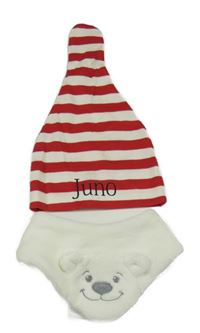 2 set - červeno-bílá pruhovaná čepice + smetanový slinták s medvědem 