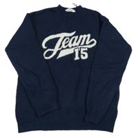 Tmavomodrý vlněný svetr s nápisem H&M