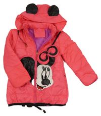 Neonově růžová šusťáková zimní bunda s Minnie a kapucí 