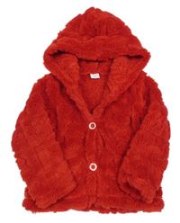 Červená chlpatá bunda s kapucňou