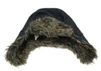 Tmavomdorá šusťákovo/vlněná beranice s kožešinou 