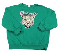 Zelená mikina s gepardem a nápismi Shein