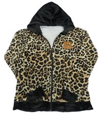 Béžovo-čierna plyšová prepínaci mikina s leopardím vzorom a nášivkou a kapucňou