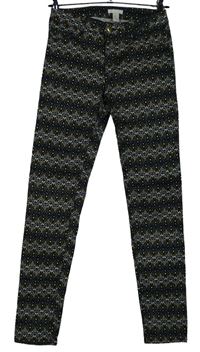Dámske tmavomodro-béžové vzorované elastické skinny nohavice H&M