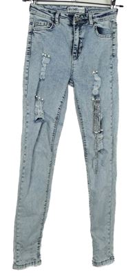 Dámské světlemodré skinny rifle s prošoupáním a kamínky 