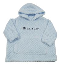 Svetlomodrá chlpatá oversize mikina s nápisom a kapucňou