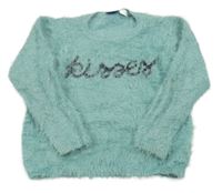 Svetlomodrý chlpatý sveter s nápisom Lupilu