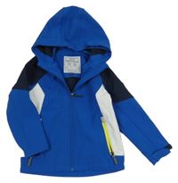 Modro-bílá softshellová bunda s nápisem a kapucí