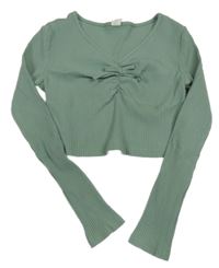 Khaki rebrované crop tričko Shein