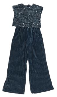 Tmavomodrý sametový kalhotový overal s flitry Zara