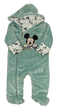 Zelenkavá chlupatá zateplená kombinéza s Mickeym a kapucí Disney