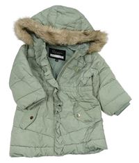 Zelenošedá šusťáková zimní parka s volánkem a kapucí River Island