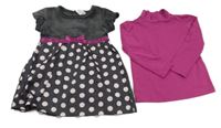 2set - Tmavošedo-puntíkaté sametovo/plátěné šaty + fuchsiové triko C&A