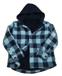 Světle-tmavomodrá kostkovaná fleecová košilová zateplená bunda s kapucí Dunnes