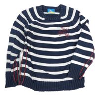 Tmavomodro-bílý pruhovaný svetr s lebkou Topolino