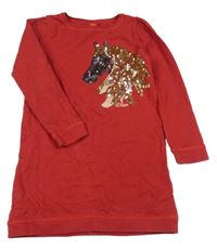 Červené teplákové šaty s jednorožcem z flitrů S. Oliver