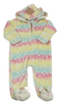 Barevná duhová chlupatá kombinéza - s hvězdami a kapucí - jednorožec