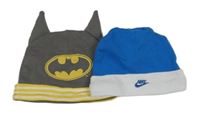 2x - Modro-bílá čepice s logem Nike + šedá s Batmanem