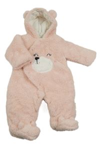 Svetloružová chlpatá zateplená kombinéza s medvedíkom a kapucňou zn.