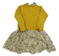 Okrovo-smetanové pleteno/lehké šaty s kytičkami