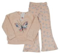 Nové - Broskvové sametovo/huňaté pyžama s motýly F&F
