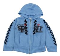 Modrý prepínaci sveter s nápisom a kapucňou Guven