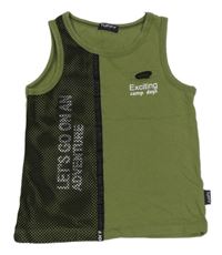 Kaki-čierny top s nápisom a sieťovinou Tuffy